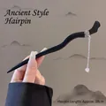 Modern black wooden hair pin with silver butterfly and white bead tassel, 18cm long - Butterfly Tassel Style