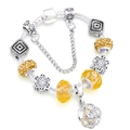 Silver snake chain bracelet with yellow crystal beads and rose pendant charm - 16cm / Yellow