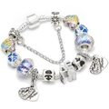 Pulsera de dijes clásica con cuentas de vidrio violeta, corazones y colgante LOVE - Cuenta de Vidrio Púrpura - Colgante LOVE y Father (001) / 16cm