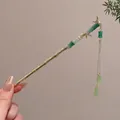 Chinese bamboo style hair pin in gold finish with green gradient inlay and tassel - Bamboo Gourd Hair Stick (Gold)