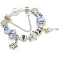 Pulsera de cadena de serpiente plateada con cuentas de cristal púrpura y dijes de corazón - Cuentas de Colores - Colgante Forever y Llave (002) / 16cm