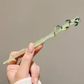 Bamboo-shaped green faux jade hair stick with enamel leaves and vintage metal accents - Panlong Bamboo Jade Style