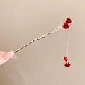 Elegant gold hair stick with red velvet roses and long pearl tassel pendant - Two Fixed Flocked Roses Style (4#) / Red