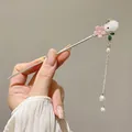 Handmade Chinese style hair stick with silver rabbit and pink flower pearl tassels - Jade Rabbit Pink Flower Tassel Style (74#) / Gold