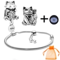 Silver cat charm jewelry set with meow pendant, snake chain bracelet and gift bag - Cat MEOW Theme Style (006)