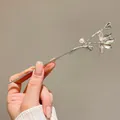 Handmade silver lotus flower hairpin with white pearl in a classic Chinese style - Artificial Pearl Lotus Style (27#) / Silver