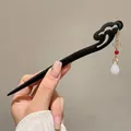 Handcrafted ebony hair pin with Ruyi pattern and red bead tassel for Hanfu outfits - Ruyi Pendant Style (15#) / Black