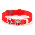 Red silicone charm bracelet with adjustable strap and silver tree and star pendants - Star Life Tree Moon Style(004)