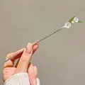 Handcrafted silver hair stick with white flowers and green bamboo leaves for bun - Green Bamboo Leaf Style (24#) / Silver