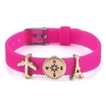 Adjustable bright pink silicone bracelet with rose gold airplane and Eiffel Tower charms - Airplane Tower Compass Style (006)