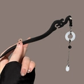 Classic black wooden hair pin with hollow carving and white jade-like drop tassel - Circular Ring Water Drop Tassel Style (1#) / Black