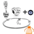 Silver snake chain bracelet set with I love you heart pendant and orange gift bag - I Love You Bead Style (019)