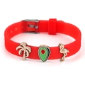 Red silicone charm bracelet featuring coconut tree and flamingo pendants with adjustable buckle - Palm Tree Leaf Flamingo Style(009)