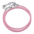 Roze dubbellaagse gevlochten leren armband met zilveren karabijnsluiting en hartbedel - Lichtroze
