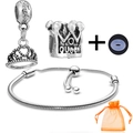 Silver crown charm bracelet set with QUEEN and Fashion pendants and an orange gift bag - Queen Crown Style (024)