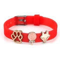 Red 10mm silicone bracelet with fox, lollipop, and cat paw charms and silver buckle - Paw Lollipop Fox Style(012)