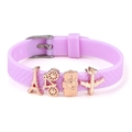 Purple silicone band bracelet with rose gold travel charms: Eiffel Tower and bike - Tower And Bicycle Charms (011)