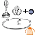 Silver snake chain bracelet set with crown charms and orange organza gift bag - Crown Hollow Charm Style (025)