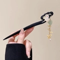 Chinese style wooden hair pin with white rabbit charm and green heart tassel detail - Ruyi Jade Laurel Bunny Style (83#) / Black