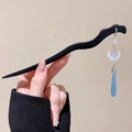 Elegant black wavy wooden hair stick with blue teardrop tassel and white beads - Moon Lake Blue Water Drop Pendant Tassel Style (90#) / Black
