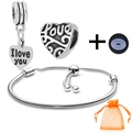 Silver charm bracelet set with heart pendants, snake chain and orange organza bag - Love Hollow Heart Style (029)
