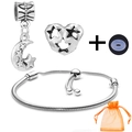 Silver DIY heart and moon star charm bracelet set with a heart bead and gift bag - Star Moon Pentagram Style (030)