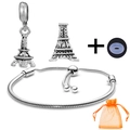 Silver snake chain bracelet set with Eiffel Tower charms and orange organza pouch - Paris Tower Theme Style (032)