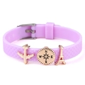 Purple silicone bracelet with rose gold airplane, compass, and Eiffel Tower charms - Airplane And Compass Charms (018)