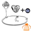 S925 silver snake chain bracelet with heart charms and orange organza gift pouch - Love Side Engraved Heart Style (033)