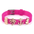 Hot pink silicone charm bracelet with summer-themed gold camera and palm tree charms - Camera Coconut Tree Anchor Style (017)