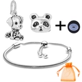 Silver bracelet set with puppy and panda charms including a snake chain and orange gift bag - Puppy Panda Theme Style (035)