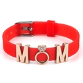 Red 10mm silicone strap bracelet featuring a gold MOM charm with a sparkling ring accent - MOM Ring Style(021)