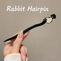 Minimalist ebony wood hair pin featuring a handcrafted white rabbit and pearl design - 51# Rabbit Pearl Hairpin