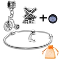 DIY silver snake chain bracelet set with bicycle and windmill charms in orange pouch - Bicycle Windmill Theme Style (041)