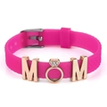 Rose red silicone bracelet featuring a gold 'MOM' charm with diamond ring detail - MOM Letter Diamond Ring Style (021)