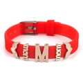 Red 10mm silicone strap bracelet with rose gold charms featuring Mom and letter M - Mom Feather Style(024)