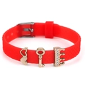 Red silicone strap bracelet featuring a gold heart and crystal crown pendant charm - Heart Key Crown Style(025)