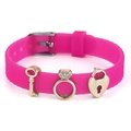 Rose red silicone bracelet featuring golden key, ring, and heart lock charms - Lock Key Diamond Ring Style (023)
