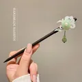Handmade wooden hair pin with white cloud charm and green jade-style beads - Wang Yue Shu Style (6#) / White / 0.0