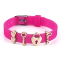 Rose pink silicone keeper bracelet with golden heart and love charms on a mesh strap - Love Letter Lock Key Style (026)