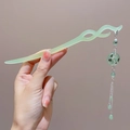 Light green faux jade hair stick with flowing tassels and elegant beaded metal fringe - Bu Ci Qing Shan Calligraphy Ping'an Kou Style (41#) / Pale Green / 0.0