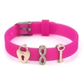 Rose red silicone bracelet with rose gold charms including heart lock, infinity, and key - Lock Key Infinity Style (028)