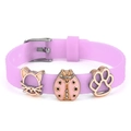 Purple silicone bracelet with sunflower charms, cat head and ladybug metal pendants - Cat Head And Ladybug Charms (033)
