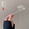 Golden fan-shaped hair pin with white petals pearls and long rhinestone tassels - Golden Fan Flower Tassel Style (62#) / Gold / 0.0