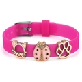 Rose red silicone bracelet with unicorn paw beads and pink ladybug charms and buckle - Ladybug Paw Style (034)
