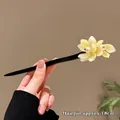 Chinese style black wooden hairpin with yellow flower and pearl detail, 18cm length - 45# Magnolia Style