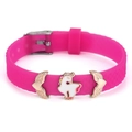 Pink silicone band bracelet with unicorn and gold wing charms for kids and teens - Unicorn Wing Style (036)