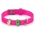 Pink silicone bracelet with colorful flamingo, starfish, and avocado enamel charms - Flamingo Shell Style (037)
