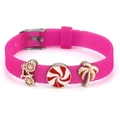 Hot pink silicone charm bracelet with bicycle, candy and palm tree pendants - Bicycle Candy Coconut Tree Style (038)