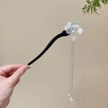 Elegant black wooden hair stick with white flowers, green leaves and silver tassels - 10# White Jade Flower Tassel Style